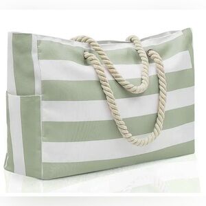 Beach Tote Bag Matcha Green Large Capacity Zippered Waterproof with Rope Handle